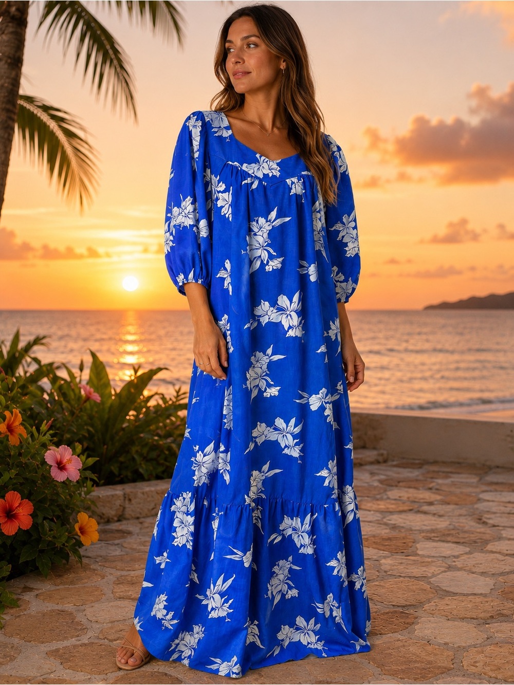 Vintage 80s Aikane Hawaii Blue White Tropical Aloha Maxi Dress